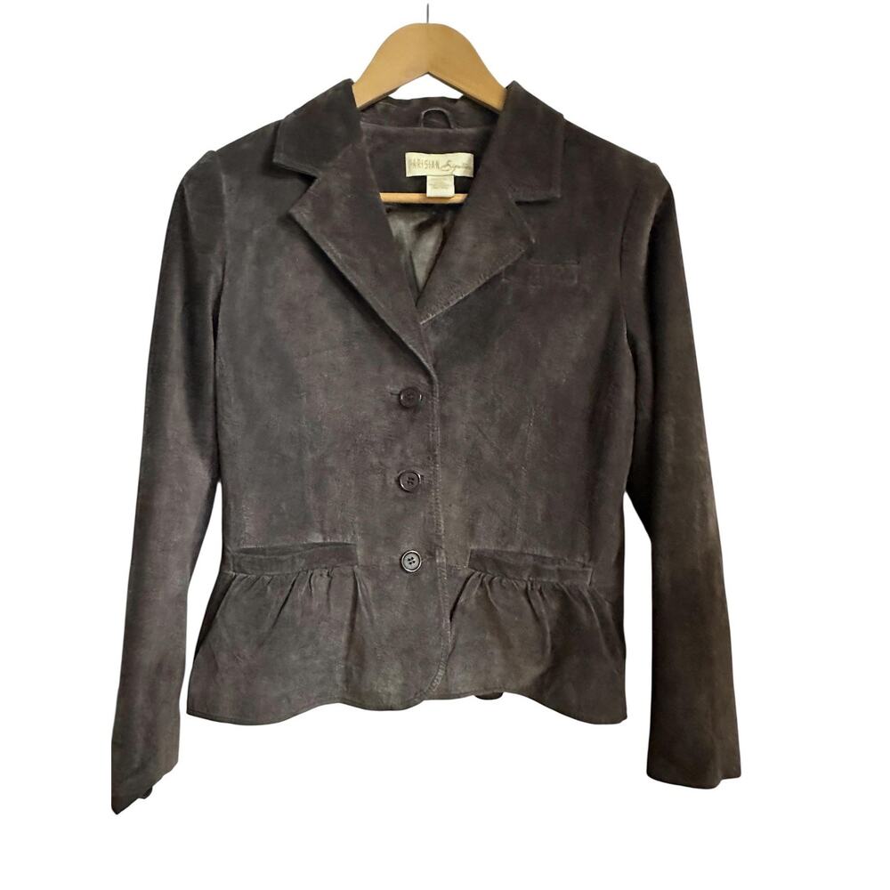 Parisian vintage Blazer Jacket Womens PM Brown Leather Ruffle Peplum Lined